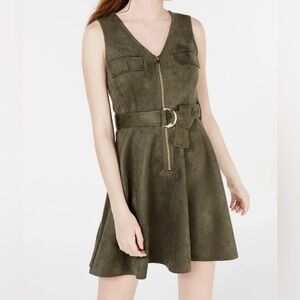 Rosie Harlow Microsuede mini Dress Olive green Sleeveless Belted Size M